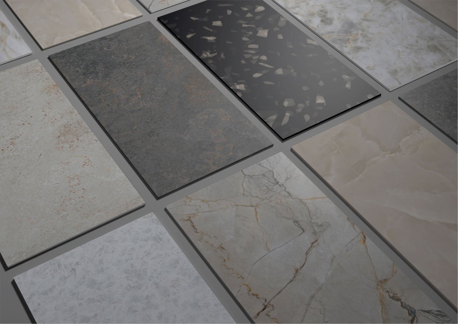 Spread of Cantera marble-look slab samples